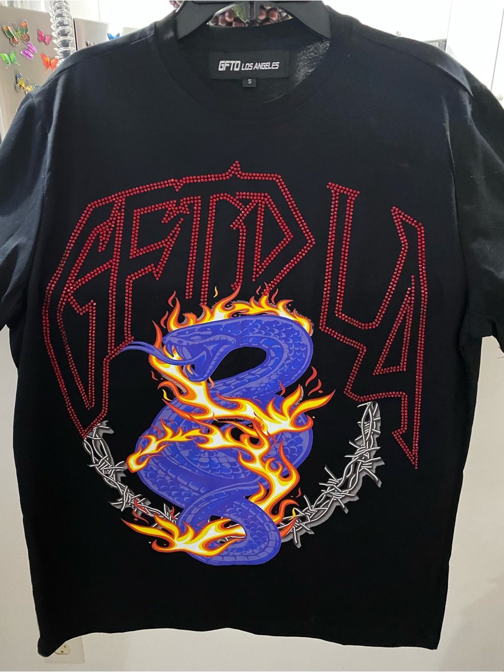 Men’s Black Graphic Tee with Blue Flame Snake